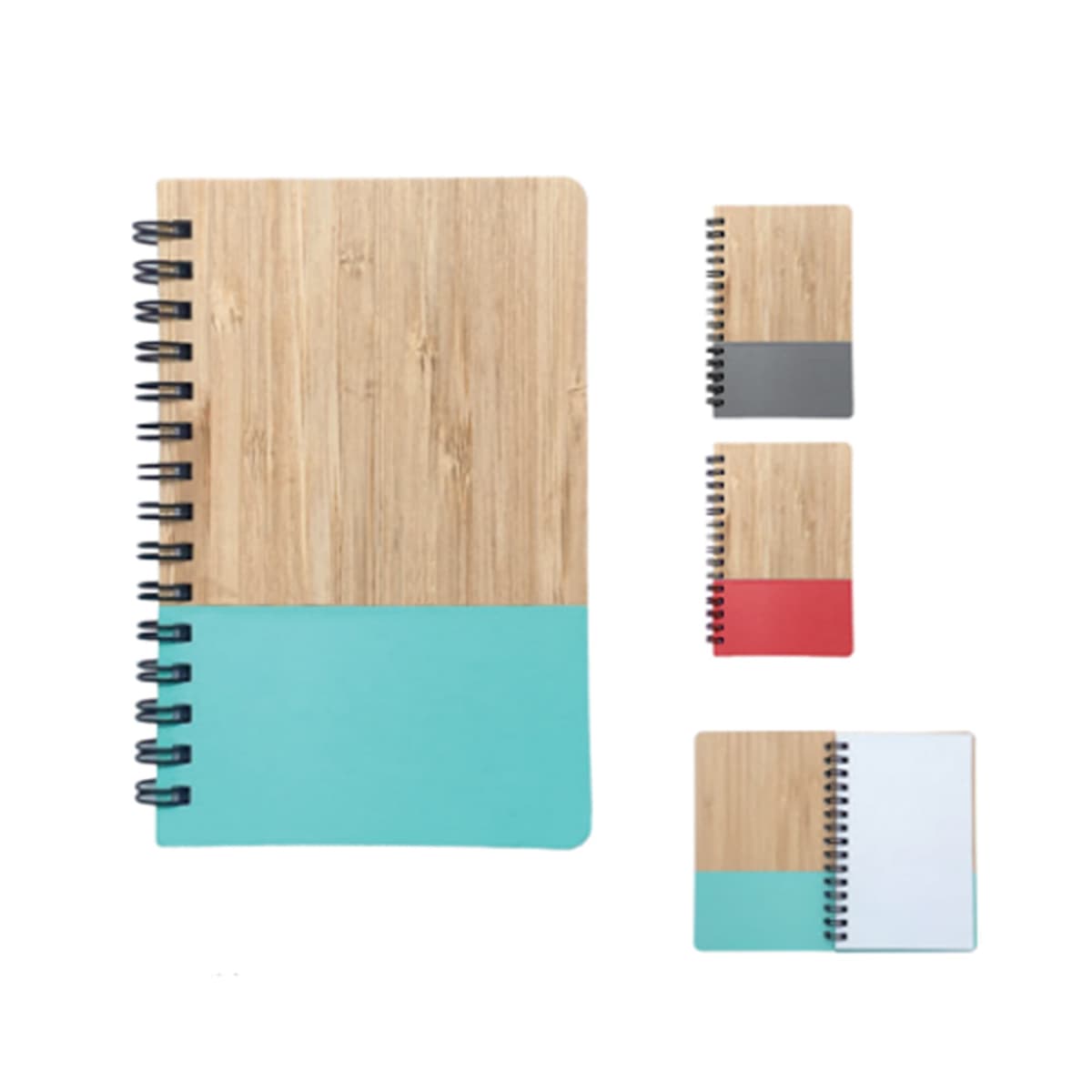 Four spiral notebooks with bamboo covers and colored accents: blue, grey, red, and open page.