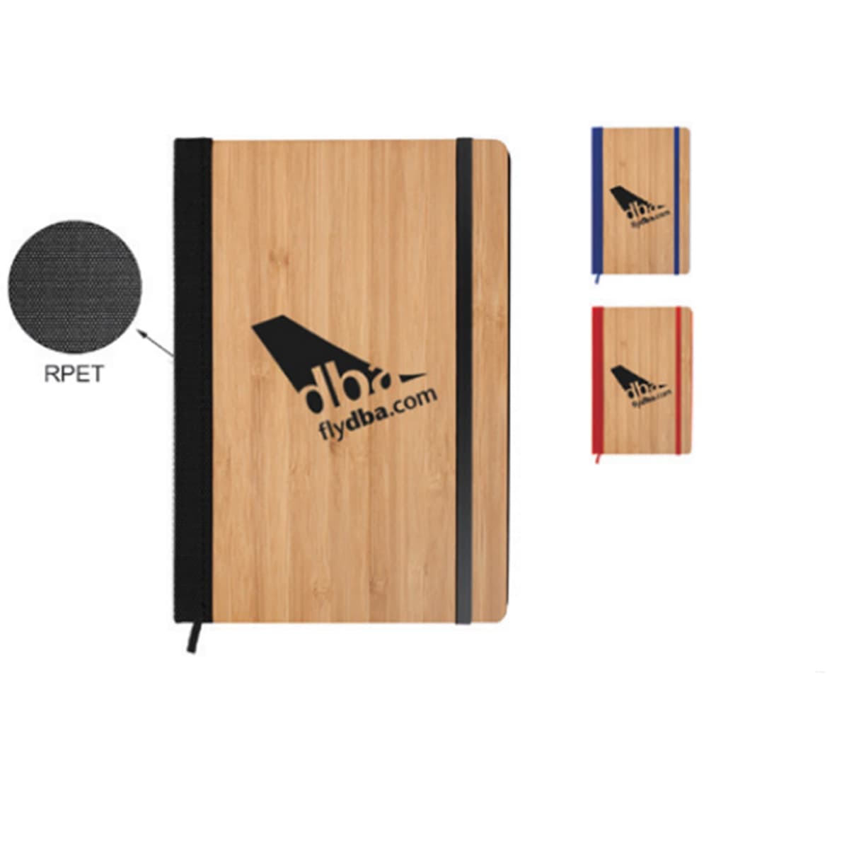 Three bamboo notebooks with elastic closures and logo design.
