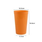 Orange plastic cup with measurements: 10.5cm top, 7.7cm base, 16.8cm height.