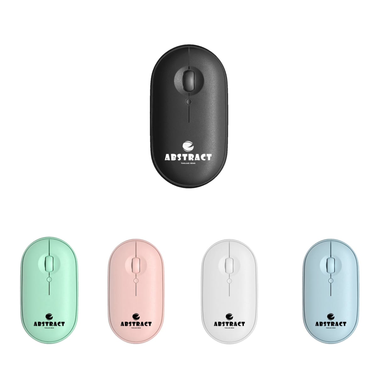 Five wireless mice in black, green, pink, white, and blue, each displaying the ABSTRACT logo.