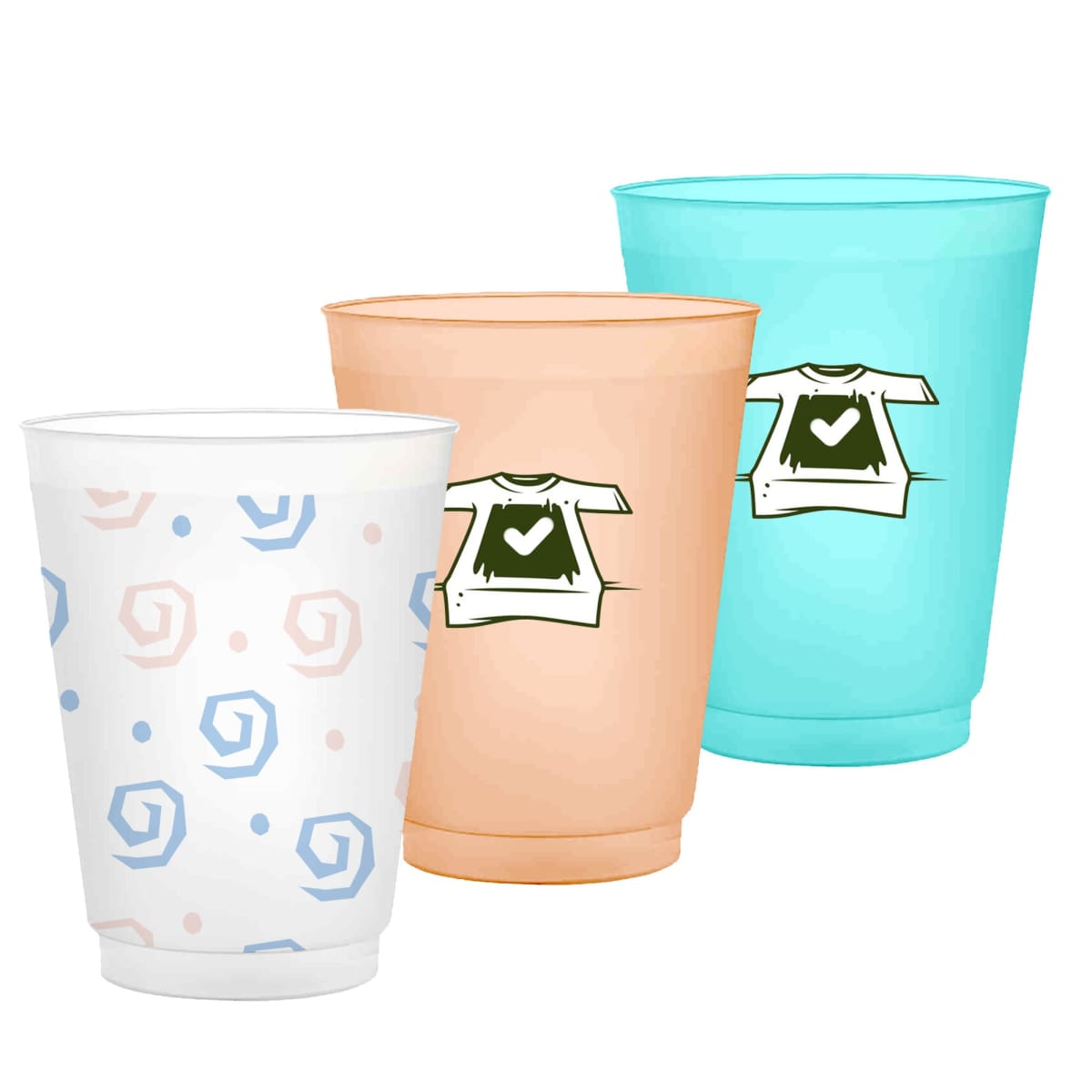 Three cups with t-shirt logos and swirls, in white, orange, and turquoise colors.
