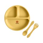 Yellow divided plate with a spoon and fork, labeled Lion King with a lion cartoon.
