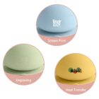 Three colored toys showing screen print, engraving, and heat transfer branding methods.