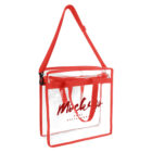 Clear tote bag with red trim and handles, featuring red printed text on the front.