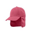 Red flap cap with a curved brim and neck cover, viewed from the front-left side.