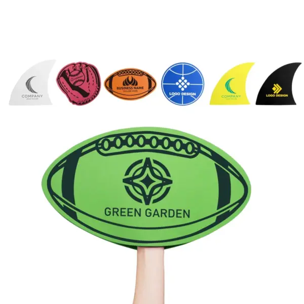Green foam football-shaped hand sign with logo—fun Event Gear, plus five other design options above.