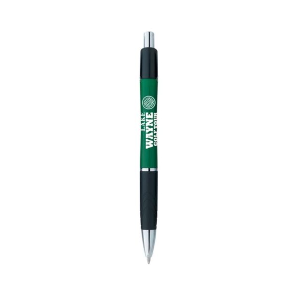 Green and black retractable pen with WHALE COASTLINE text printed on the barrel.
