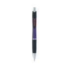 A black and purple retractable ballpoint pen with a silver tip and clip.