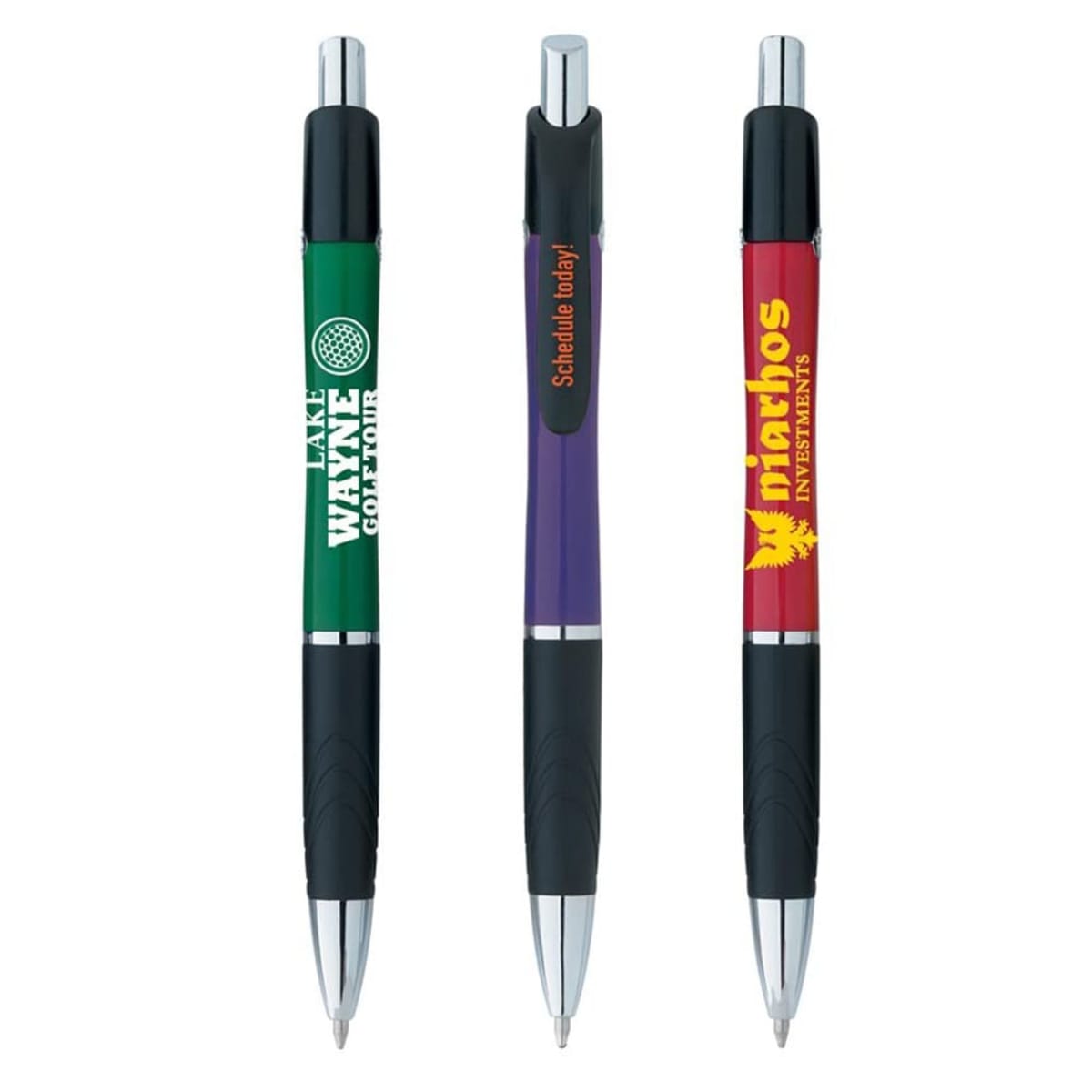 Three colorful branded pens with black grips and silver tips, standing upright side by side.