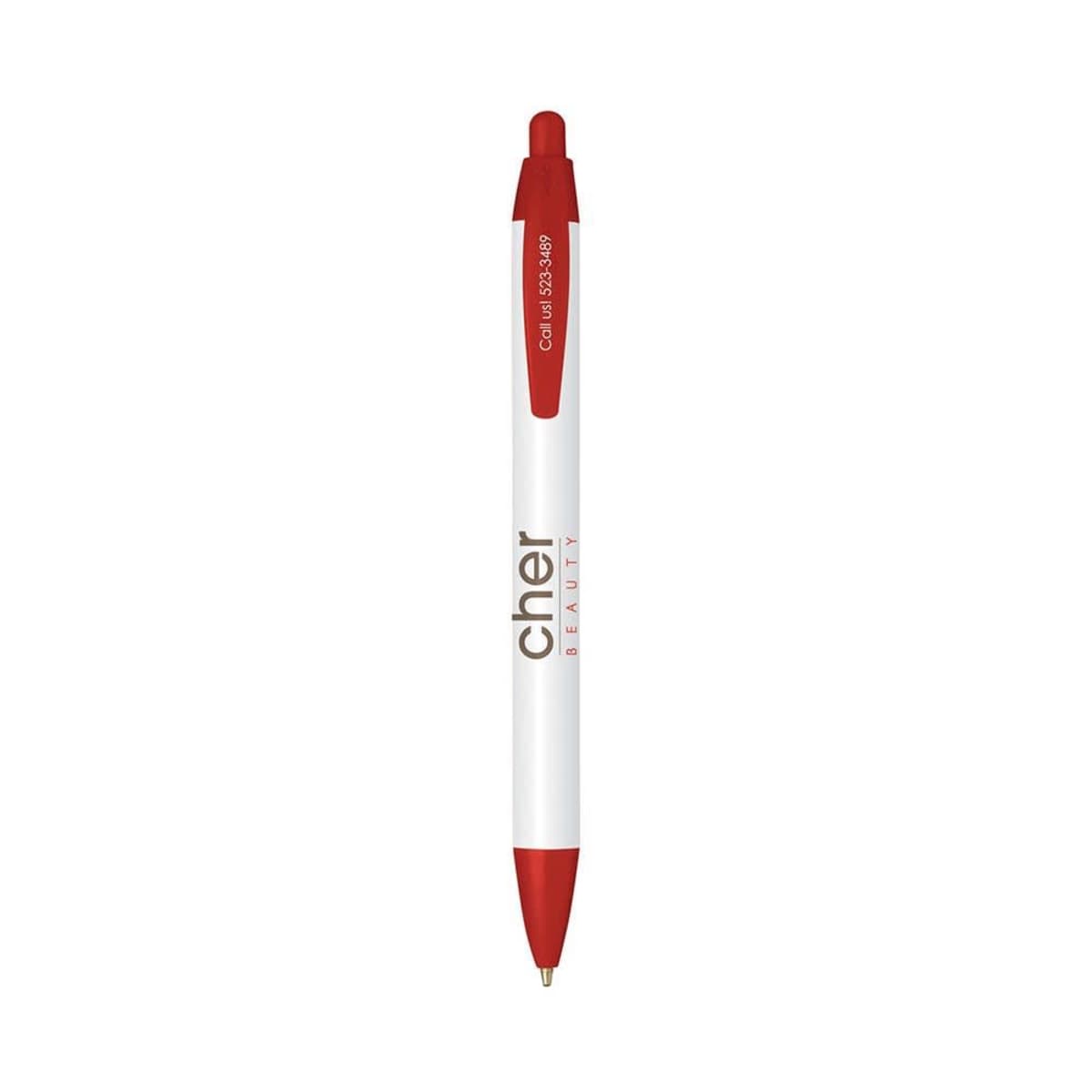 Red and white ballpoint pen with cher BEAUTY printed on it.