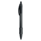 Black retractable ballpoint pen with a rubber grip and clip.