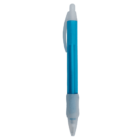 Blue and white retractable ballpoint pen on a white background.