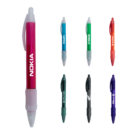 Seven colorful branded pens displayed on a white background.