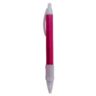 Red and white retractable pen with a clip, upright on a white background.