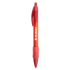 A red retractable pen with a rubber grip and clip.
