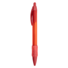 A red ballpoint pen with a rubber grip and a click mechanism.