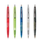 Five colorful pens with logos, in red, green, blue, silver, and black.