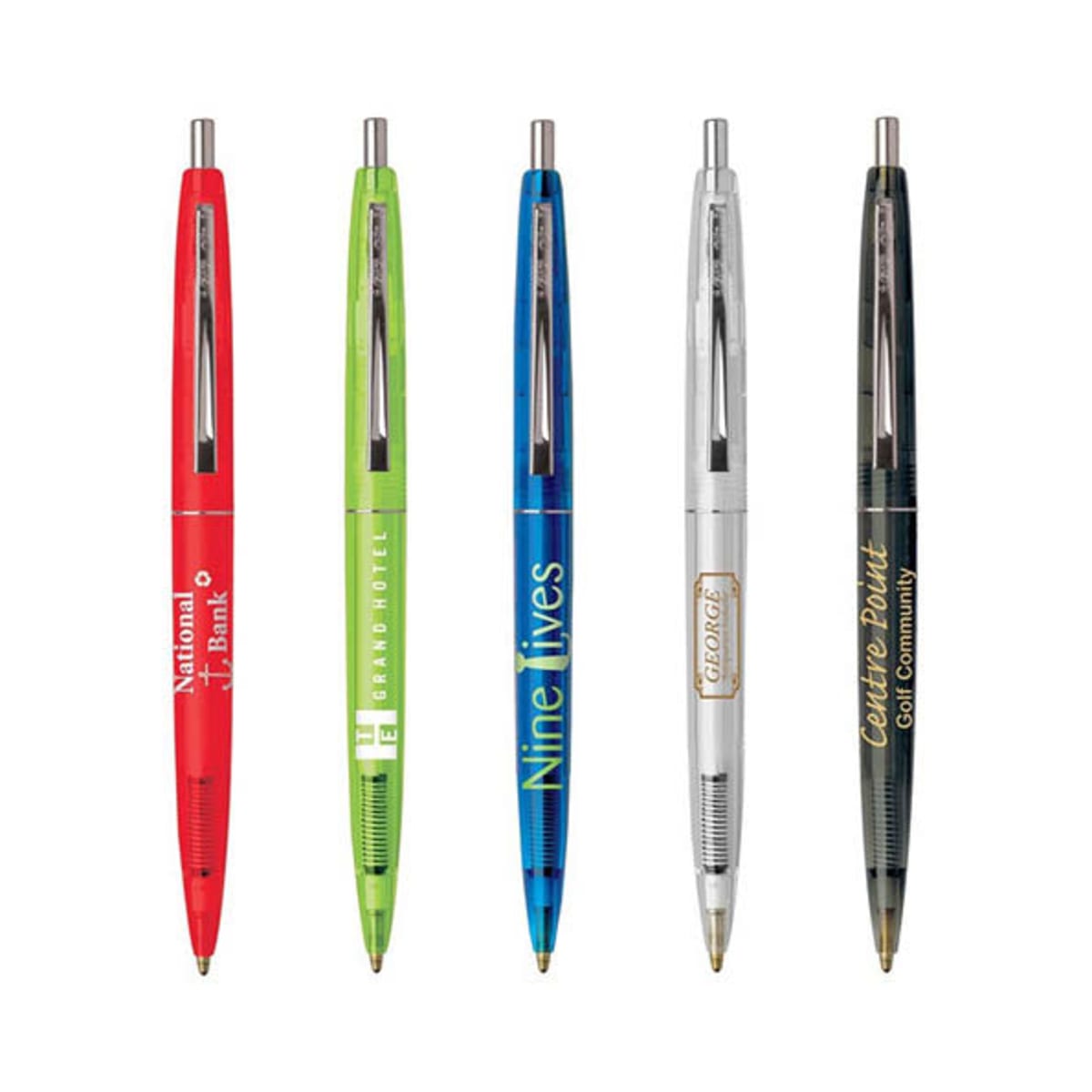 Five colorful pens with logos, in red, green, blue, silver, and black.