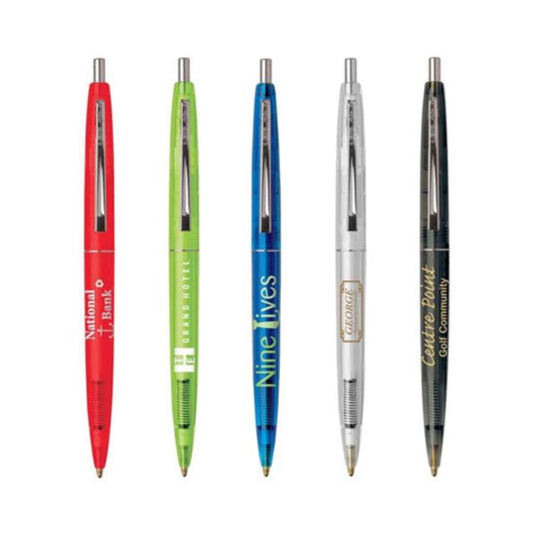 Five colorful pens with different logos stand upright in a row.