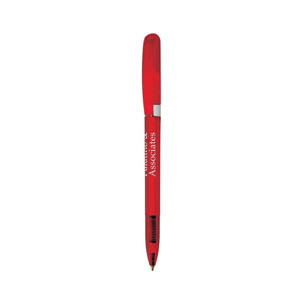 Red ballpoint pen with a cap and white text reading Associates on the barrel.