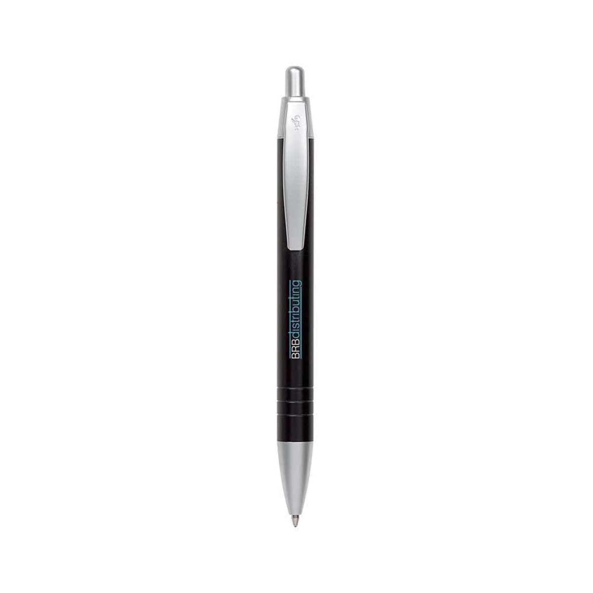 Black and silver retractable pen with a clip, isolated on a white background.