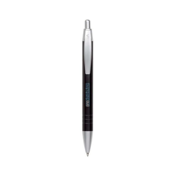 Black and silver ballpoint pen with a click top mechanism.