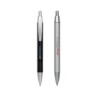 Two retractable pens, one black with silver accents and one silver with silver accents.