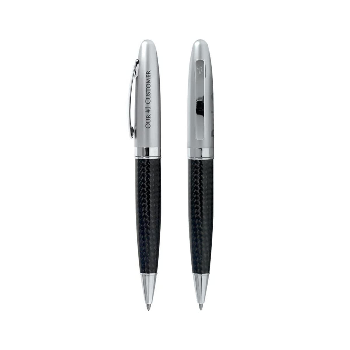 Two sleek black and silver pens, one with a visible clip.