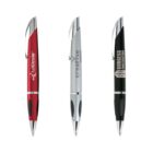 Three pens in red, silver, and black with company logos on them.