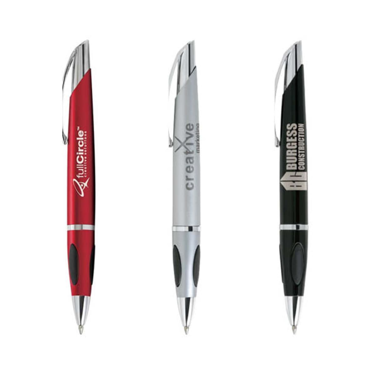 Three pens in red, silver, and black with company logos on them.