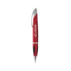 Red and silver ballpoint pen with black grip and a logo on the side.