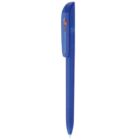 Blue ballpoint pen with a cap on a white background.