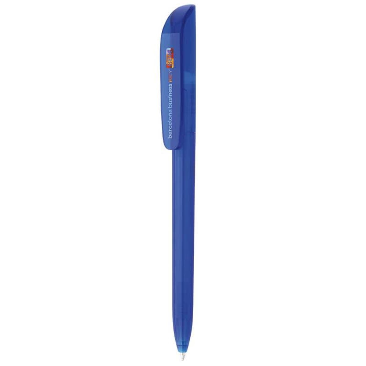 Blue ballpoint pen with a cap on a white background.