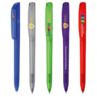 Five colorful pens with various company logos and designs on their barrels.