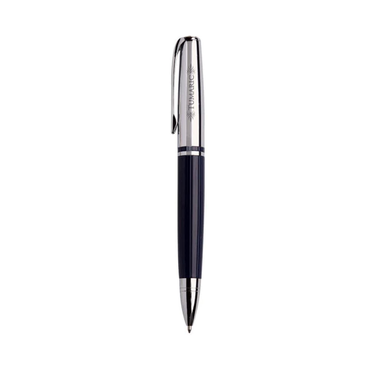 A sleek black and silver ballpoint pen with a clip.
