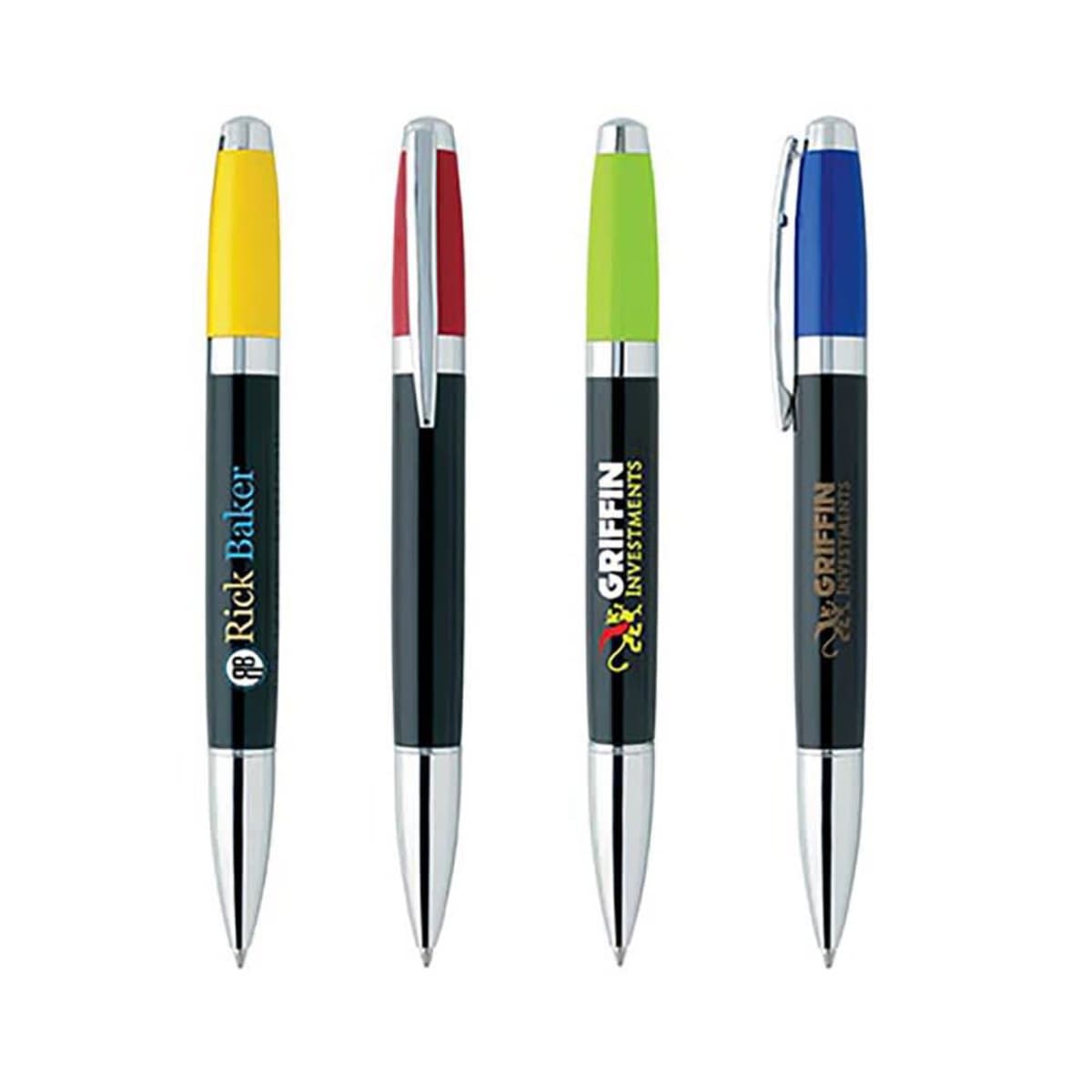 Four colorful pens with logos, featuring silver tips and black barrels.