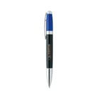 A black and silver pen with a blue grip and a clip.