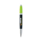 Green and silver ballpoint pen with black grip and logo.
