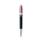 Red and black ballpoint pen with silver accents against a white background.