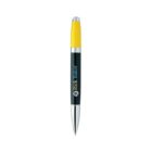 A black and yellow pen with a silver tip and pocket clip.