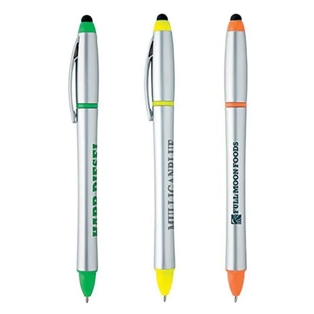 Three stylus pens with colored tips: green, yellow, and orange, and printed logos.