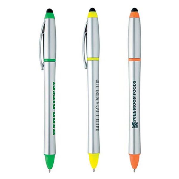 Three silver pens with green, yellow, and orange accents and text printed on the barrels.