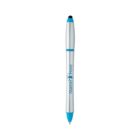 Blue and silver pen with stylus tip and Manneri Hotel text.