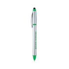 Silver and green pen with black tip, standing vertically on a white background.