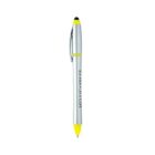 A silver pen with yellow accents and a black tip on a white background.