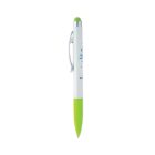 Green and white pen with clip, stylus top, and writing on the barrel.