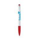 Red and white pen with a stylus tip and printed blue logo.