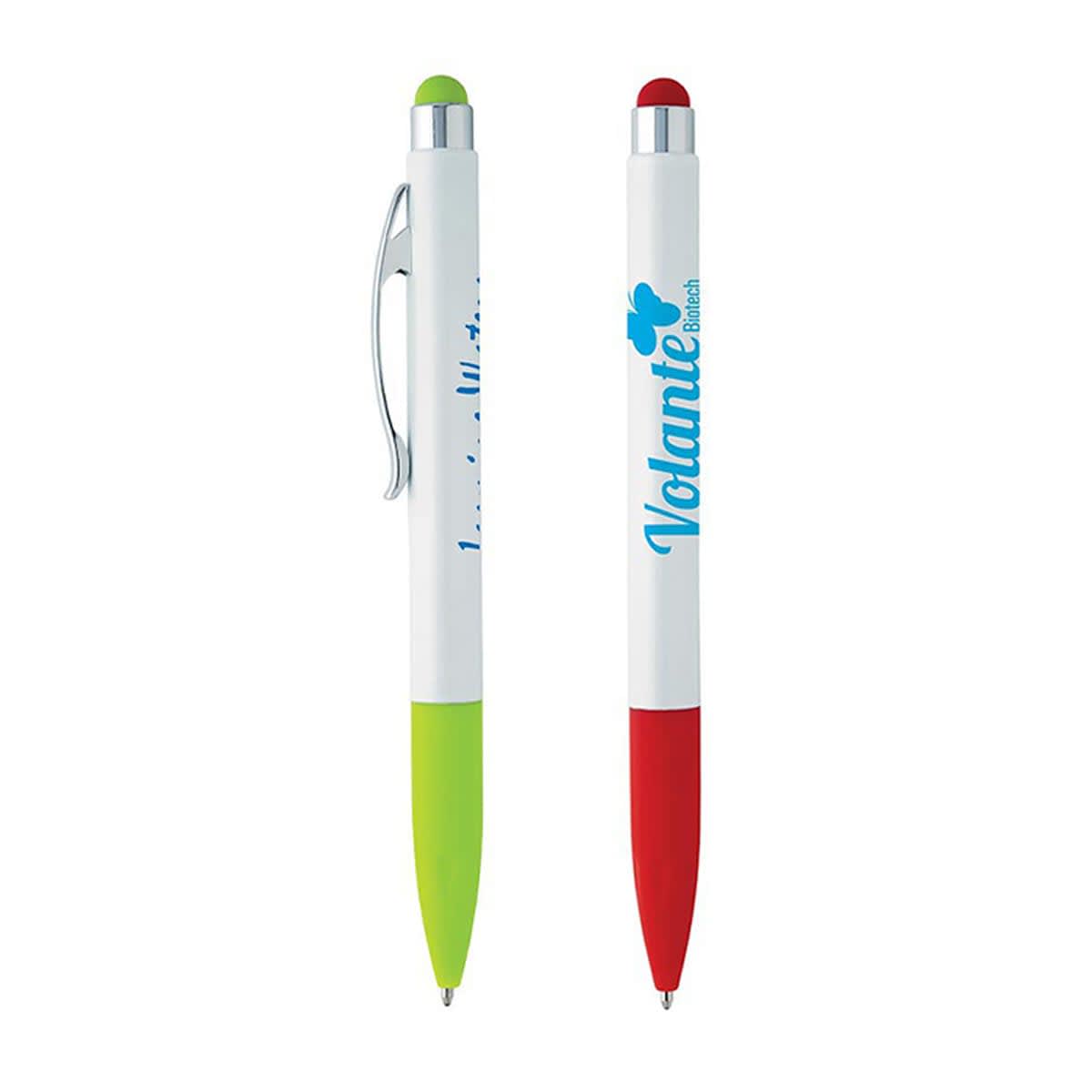 Two white pens with colored tips, one green and one red, featuring brand logos.