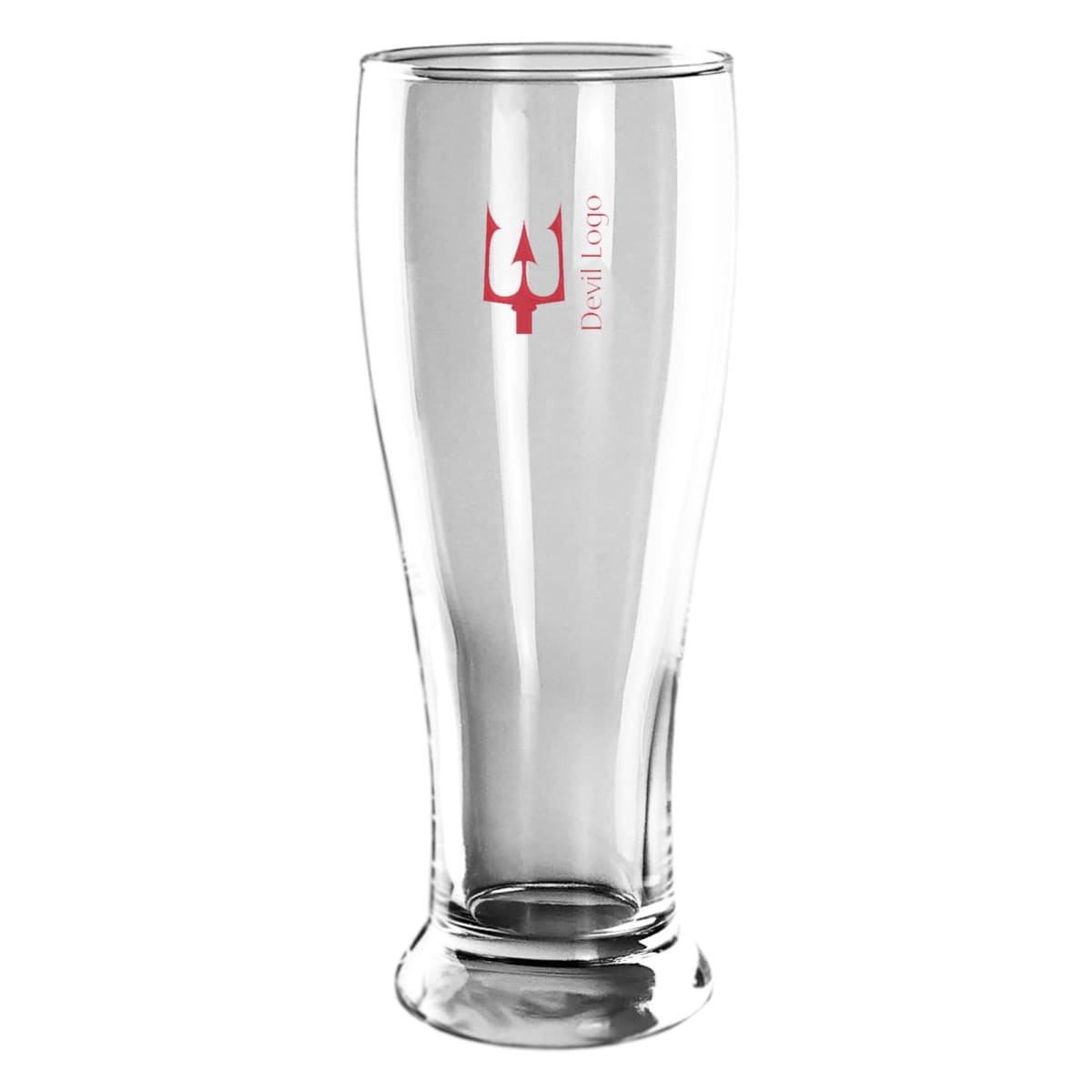 Tall clear glass with red trident logo and Devil Logo text.