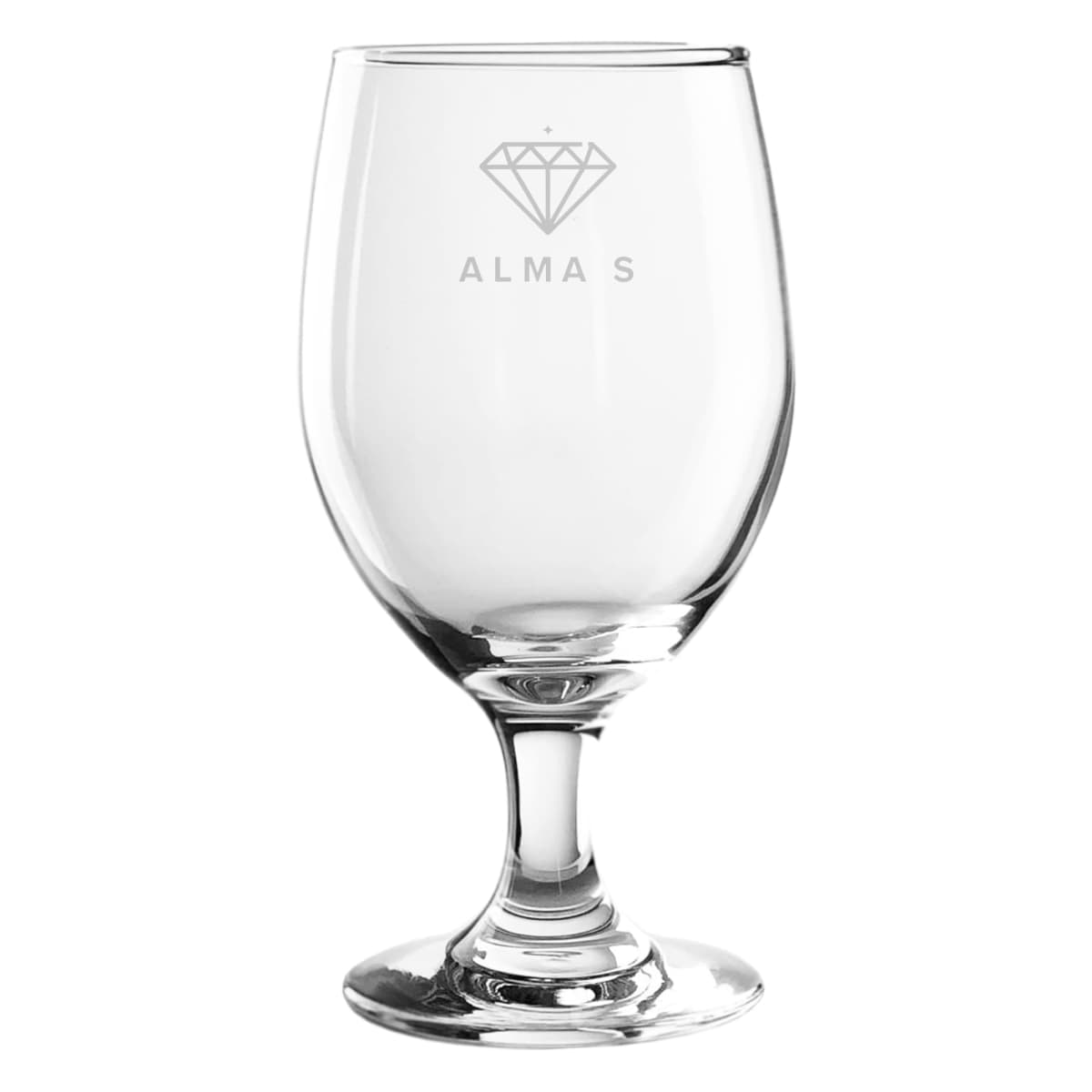 Clear glass with ALMA S and diamond logo engraved on it.